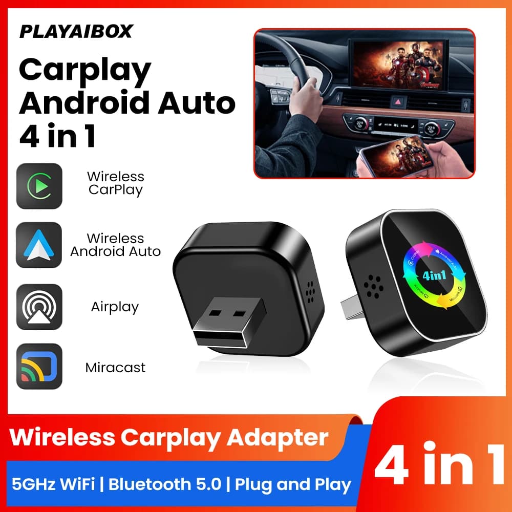 Adattatore Wireless Bluetooth 4 in 1 per Carplay e Android Auto, USB Plug and Play, Airplay Mirror Link per iPhone e Android