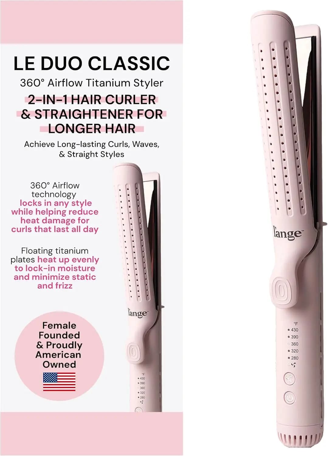 360 ° Piastra e arricciacapelli 2-in-1 Airflow | Piastre in titanio per capelli lunghi | Colore Blush