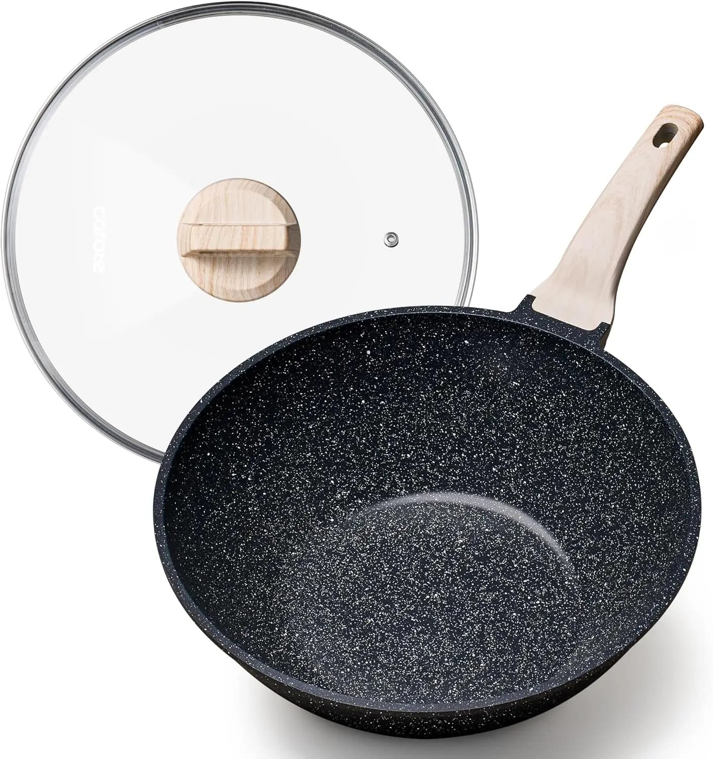 Wok Anti-adherent with Coperchio, Padelle and Wok for Stir-Fry, Wok in Anti-adherent Granite, Induction Pot, Deep frying pan