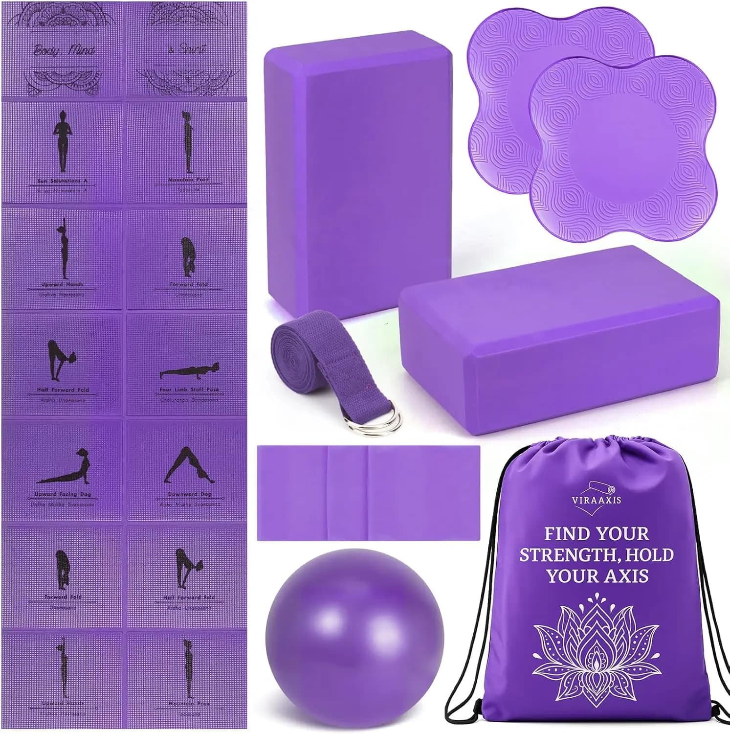 Set Tappetino Yoga Pieghevole e Blocchi per Donne con 2 Blocchi Yoga e Cinghia, Tappetino Pilates Sottile Antiscivolo con Borsa