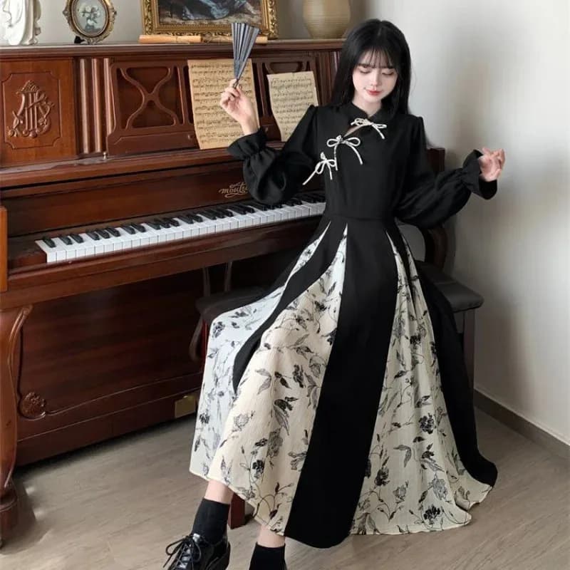Capodanno cinese Cheongsam elegante abito nero disegno a inchiostro stampa abiti moderni Qipao mandarino tradizionale culturale streetwear