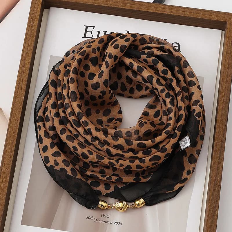 New Magnetic Buckle Scarf Women's Spring and Autumn Versatile Ears Korean Version Thin Silk Scarf Diagonal Decoration Ramadan