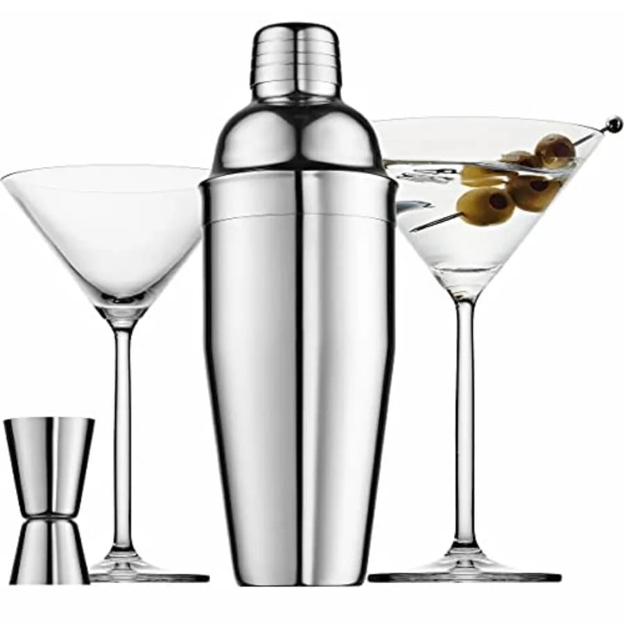 Set da Cocktail con Bicchieri da Martini, Shaker in Acciaio Inox, Bicchieri da Cocktail con Stelo e Doppio Jigger, 4 Pezzi