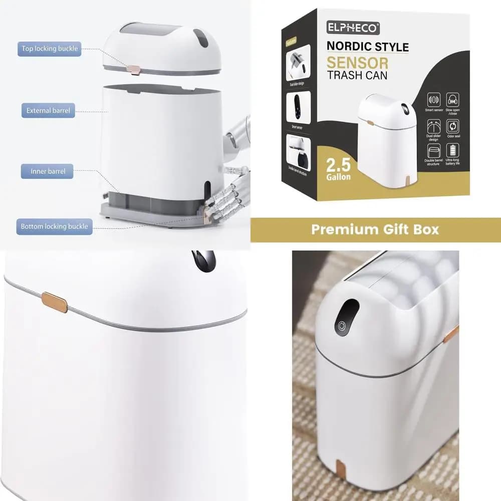 Pattumiera con sensore di movimento, contenitore impermeabile da 2,5 galloni con coperchio a farfalla, cestino per rifiuti decorativo per casa e ufficio, bianco con G