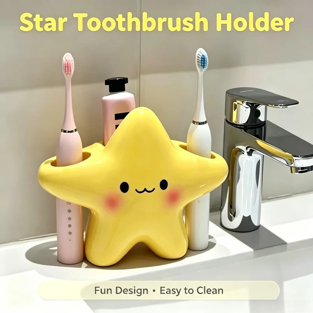 Cute Star Shaped Toothbrush Holder Freestanding Bathroom Organizer with Face Design Toothpaste Storage Rack Space Saving