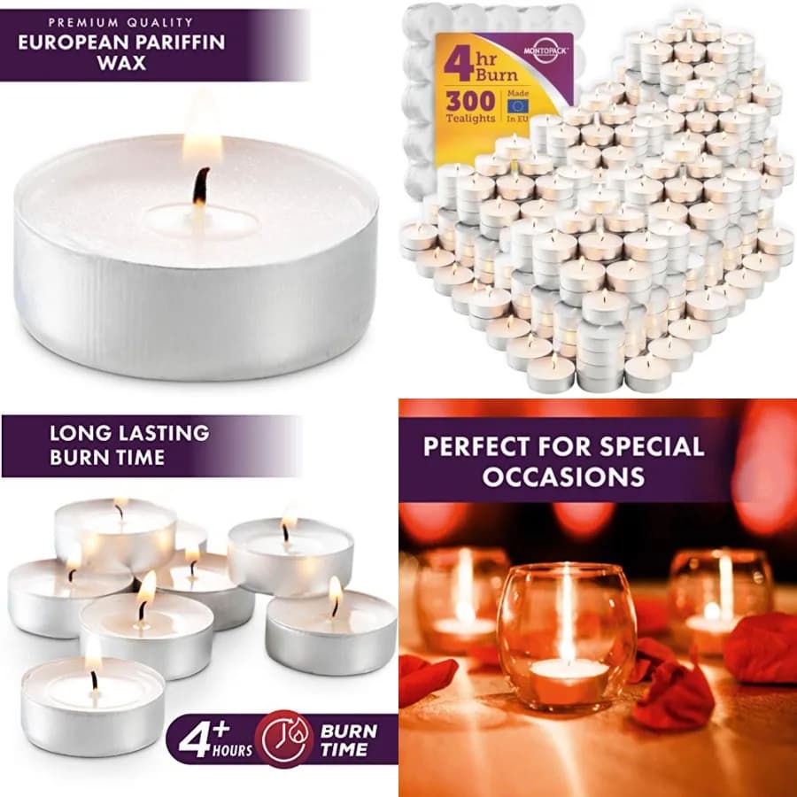 Candele Tealight Bianche Senza Profumo in Confezione da 300, 4 Ore di Combustione Senza Fumo e Senza Gocce, Lunga Durata, in Paraffina, Piccole Candele Votive