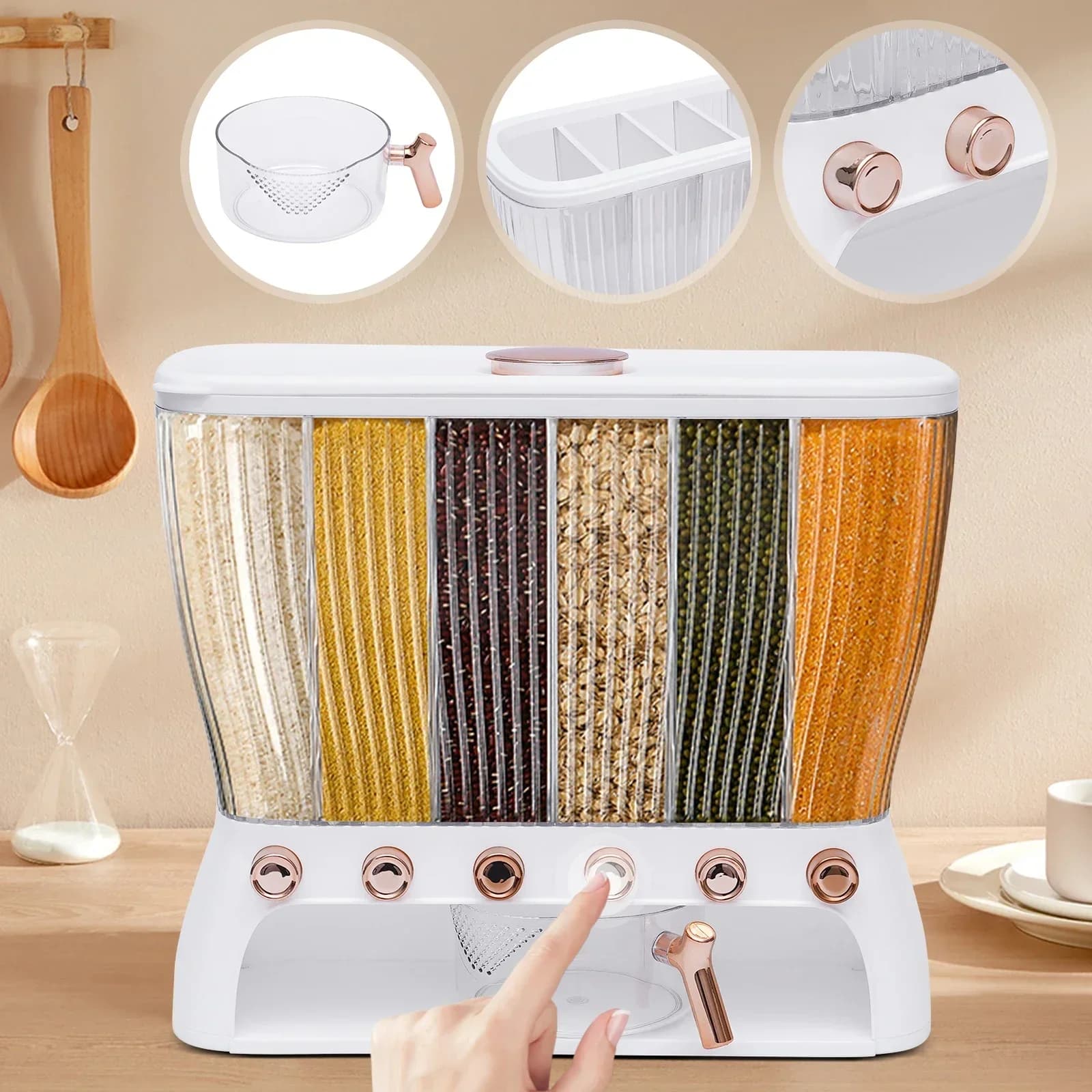 6-part Dry Food Dispenser, Sealed Container for Cereals and Rice 10 kg with Misurino, Removable Divider for Domestic Kitchen