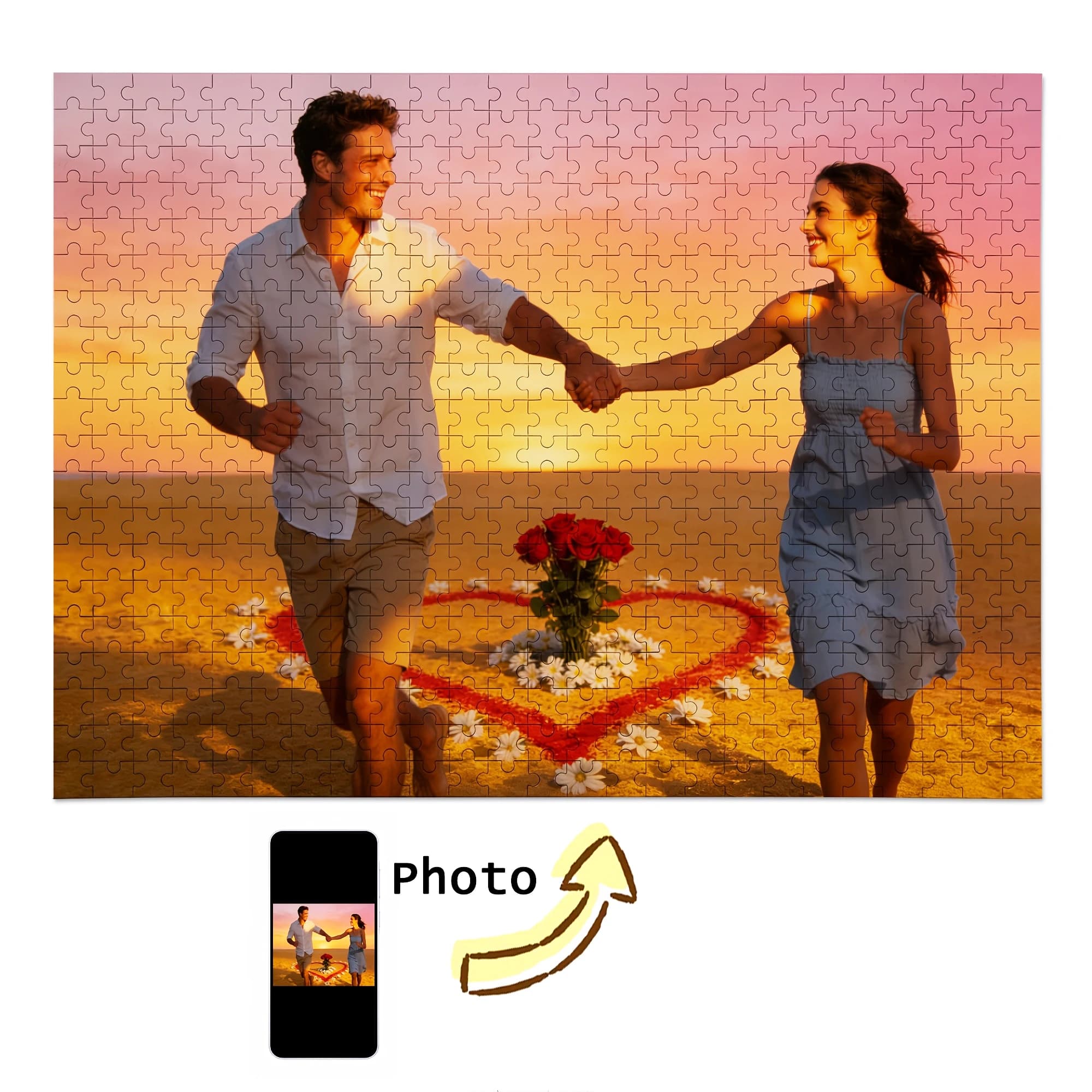 Puzzle Fotografico Personalizzato, Proposta Romantica in Spiaggia, in Cartone/Legno, 35/300/500/1000 Pezzi, Puzzle Fotografico Colorato