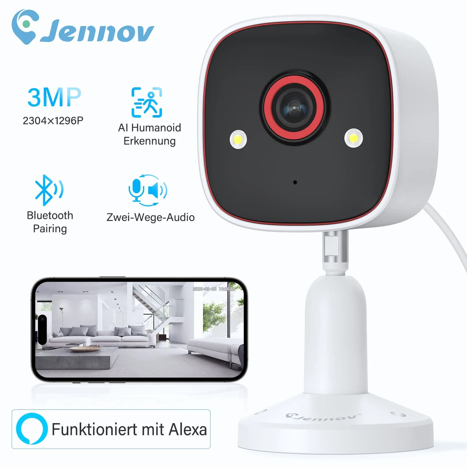 Jennov Telecamere per interni/esterni Telecamera per animali domestici 1296P Telecamera WiFi Baby Monitor Visione notturna a colori Audio bidirezionale per la sicurezza domestica