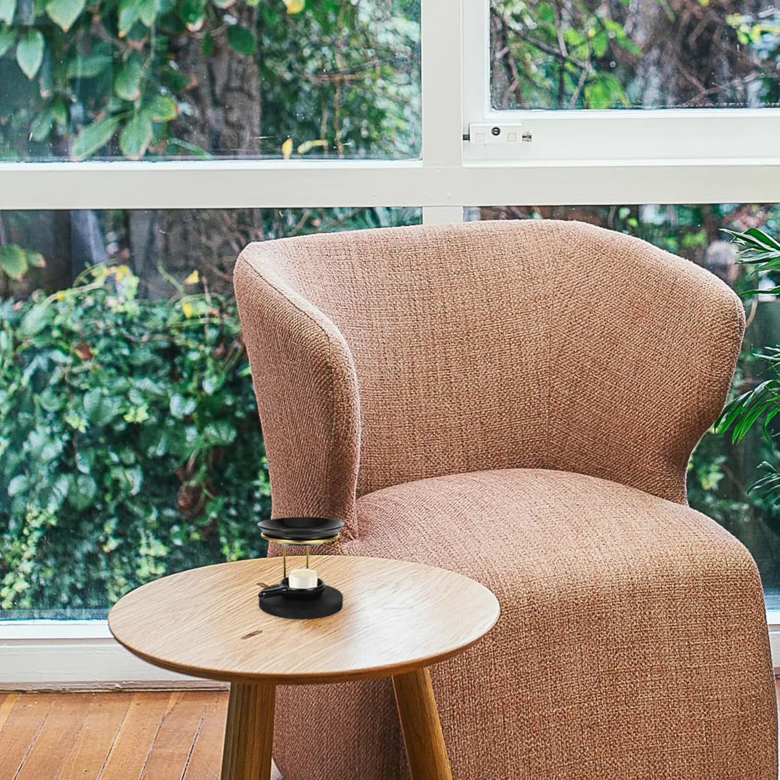 Bruciatore di Oli Essenziali in Ceramica con Base in Legno, Diffusore di Aromi da Tavolo, Bruciatore di Cera Profumata, Decorazione per la Casa