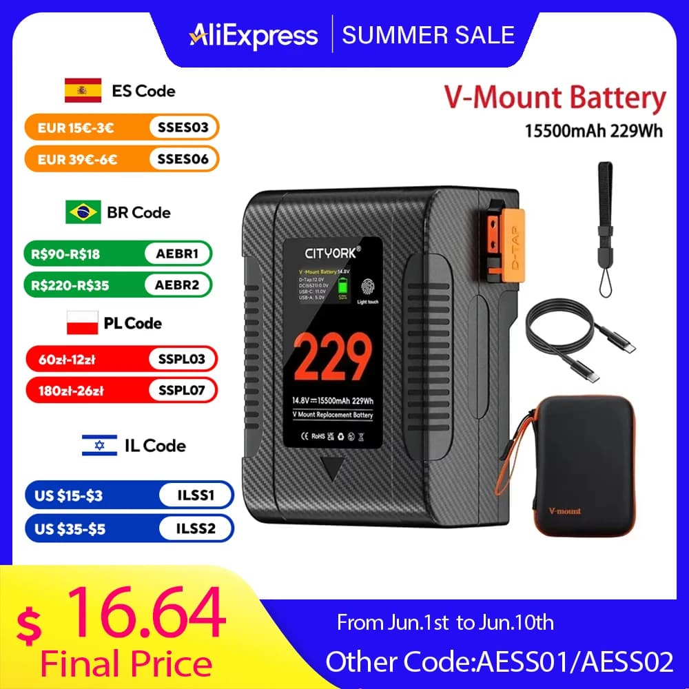 Batteria con attacco a V BP-229 Bateria portatile V-Lock BP con cavo di ricarica rapida PD 65W per videocamera Sony Luce video Blackmagic