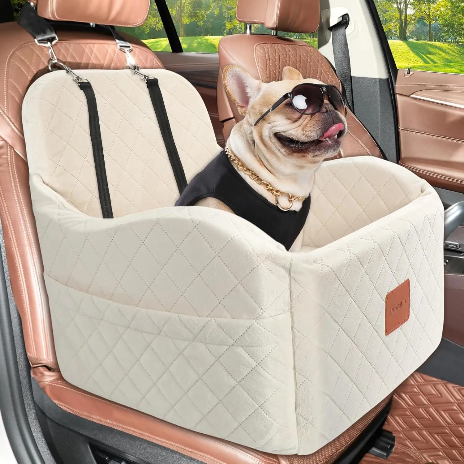 Seggiolino auto lavabile per cani di taglia piccola e media fino a 16 kg, cuccia da viaggio rimovibile con cintura di sicurezza in beige