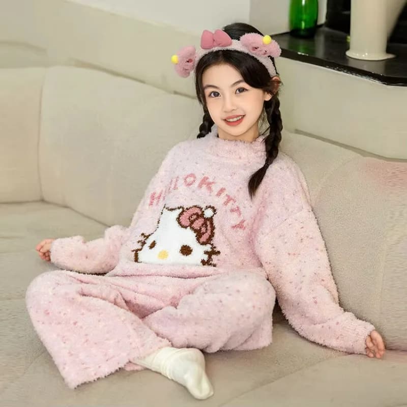 Sanrio Hello Kitty Bambini Pigiama di Peluche Set Anime Kawaii Cartoon Homewear 2 Pezzi Stampa Confortevole Ragazza Flanella Casual Vestiti per la Casa