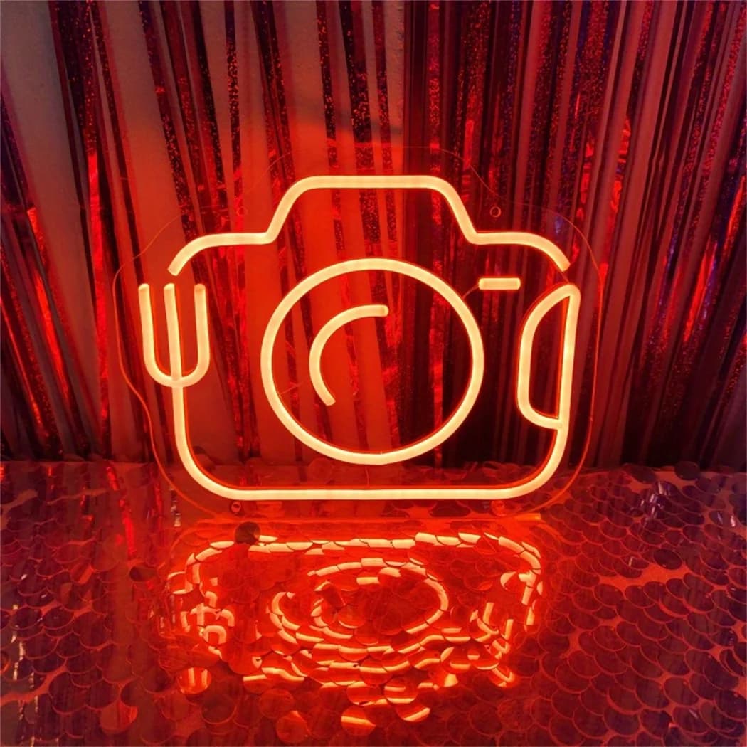 Insegna al Neon a LED a Forma di Fotocamera, Alimentata tramite USB, Decorazione da Parete, Luce al Neon Multiuso per Camera da Letto, Sala Giochi, Feste e Studio Commerciale