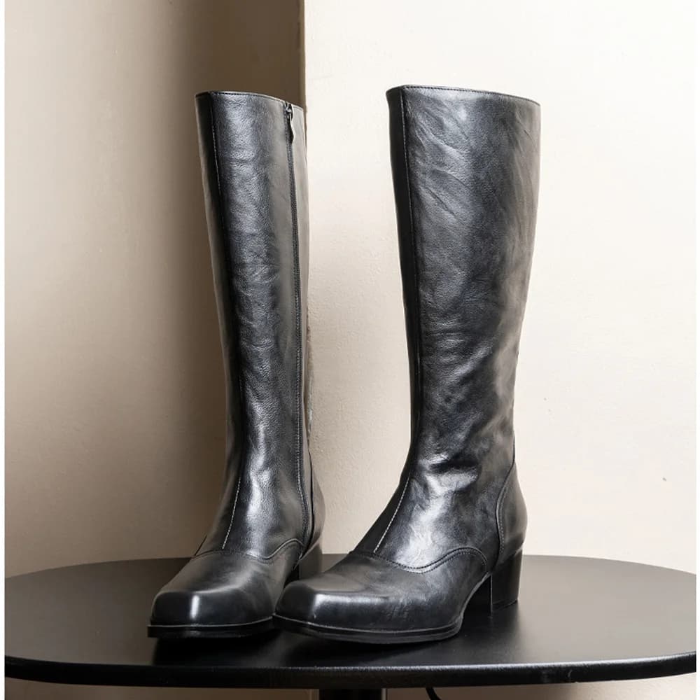 High Quality Cow Genuine Leather British Style Long Boots Men Shoes Knee High Winter Riding Knight Boots Versatile Square toe