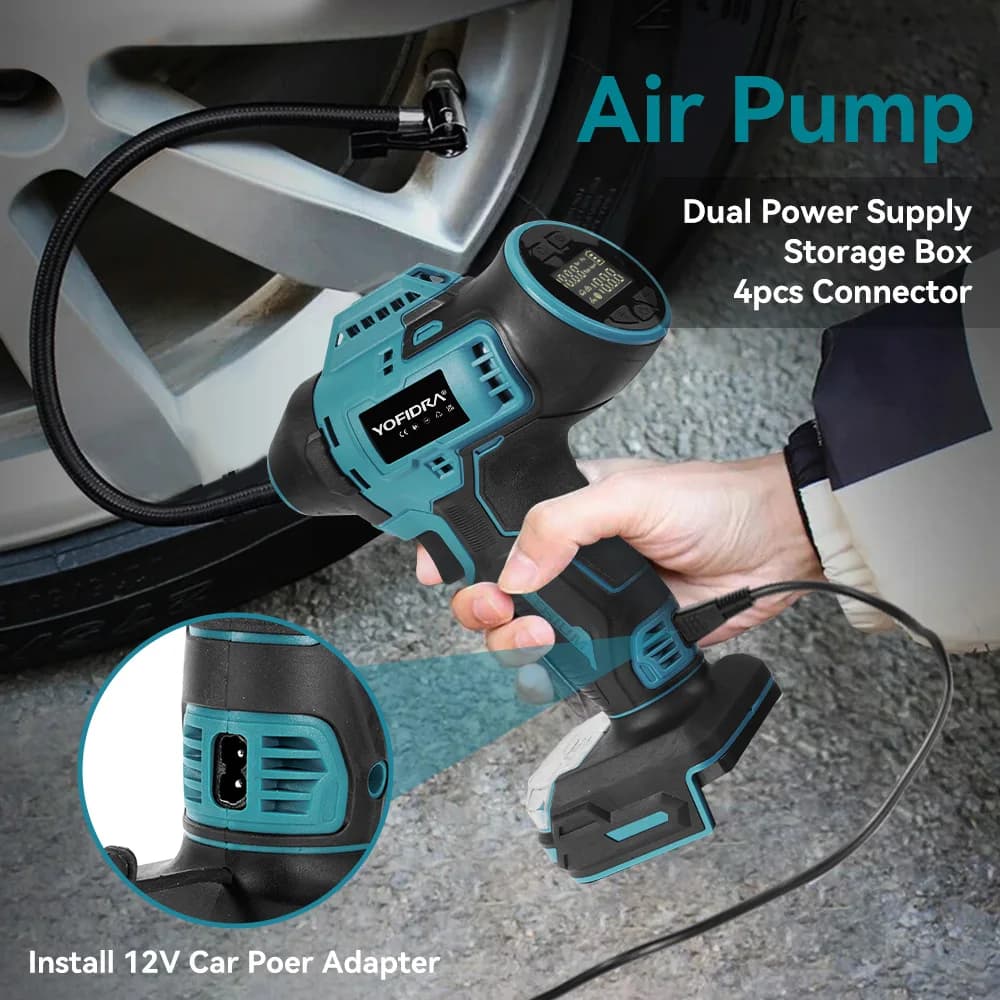 YOFIDRA Pompa di Aria Elettrica Portatile Senza Fili Gonfiatore di Pneumatici per Auto Display Digitale Gonfiatore Automatico Strumento di Potere Per 18V 21V Batteria
