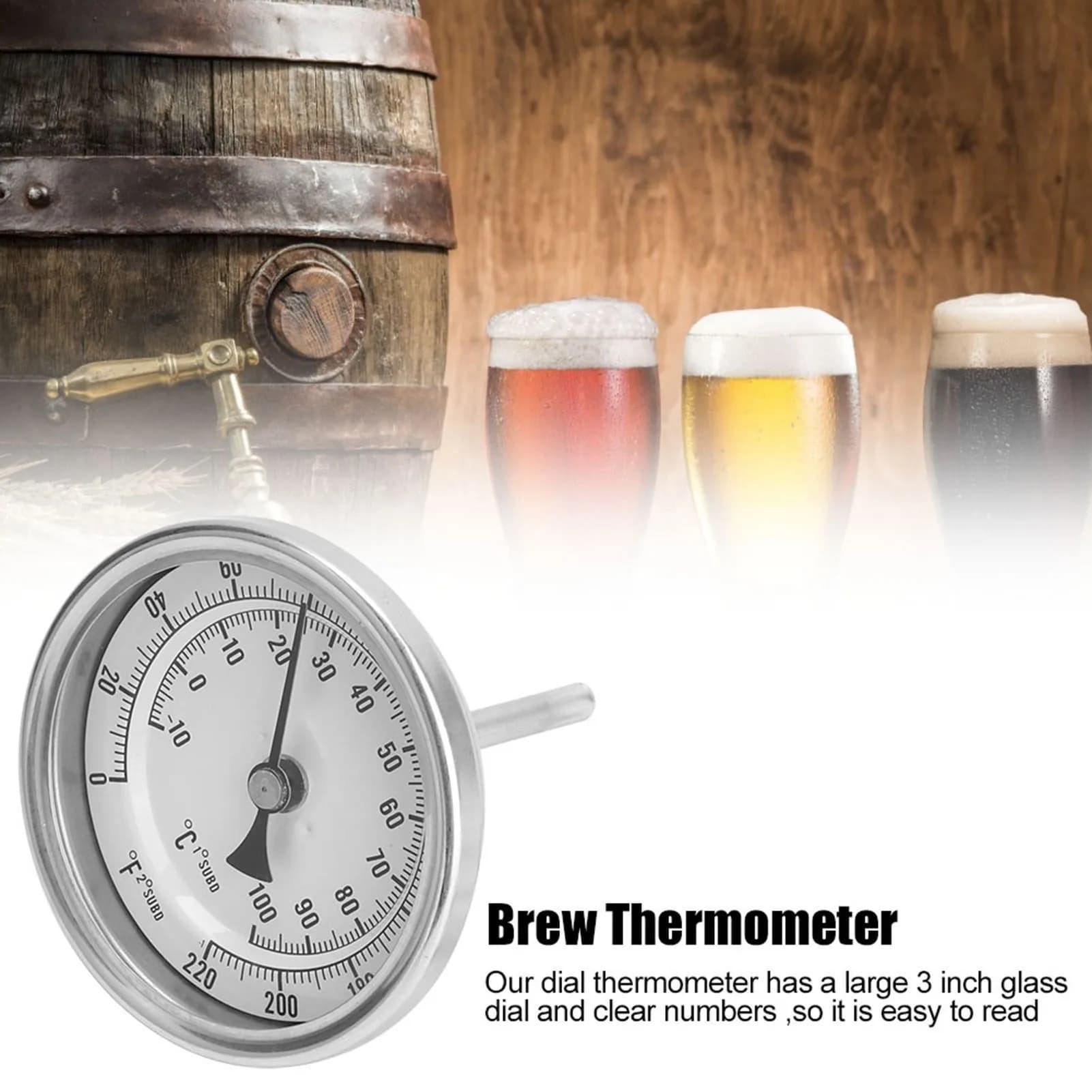 Weldless Bi metal Thermometer Kit 1/2"MNPT 0~220F for Homebrew Beer and Wine Thermometer