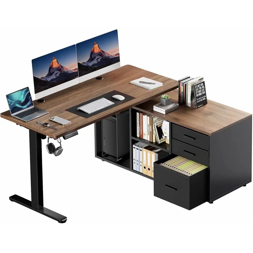 Scrivania a forma di L, scrivania elettrica per dirigenti con ripiani, scrivania regolabile in altezza, piano di lavoro in un unico pezzo da 55″ x 23,6″