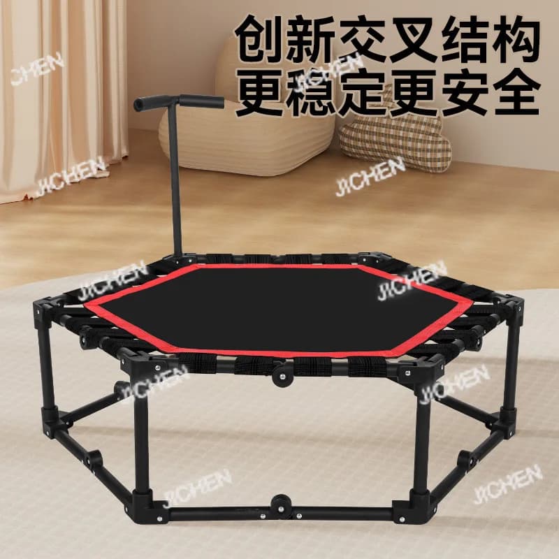Foldable fitness trampoline with elastic rope, silent, for adults, from inside, for domestic use.