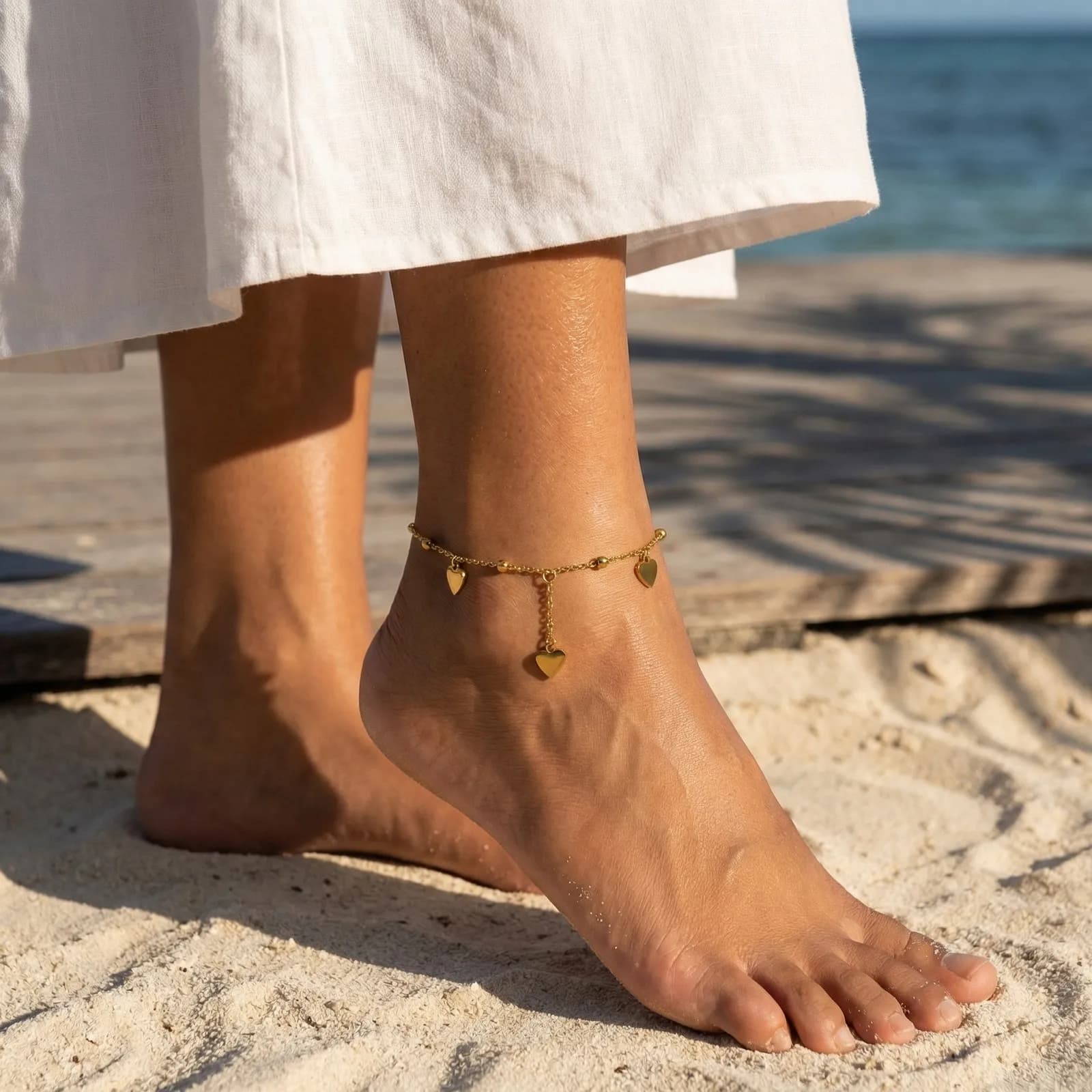 Heart shaped ankle, women's bead adjustable ankle bracelet, waterproof summer beach jewelry