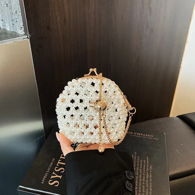 Round Pearl Beaded Evening Bag Women Mini Chain Crossbody Purse Kiss Lock Light Luxury Style Temperament One Shoulder Bag