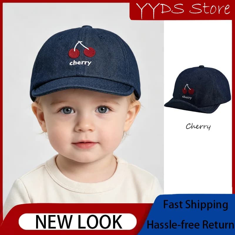 Spring Summer Cherry Embroidery Soft Brim Baseball Hat Breathable UV Protection Sun Cap for Cute Kids Baby Daily Outdoor Wear