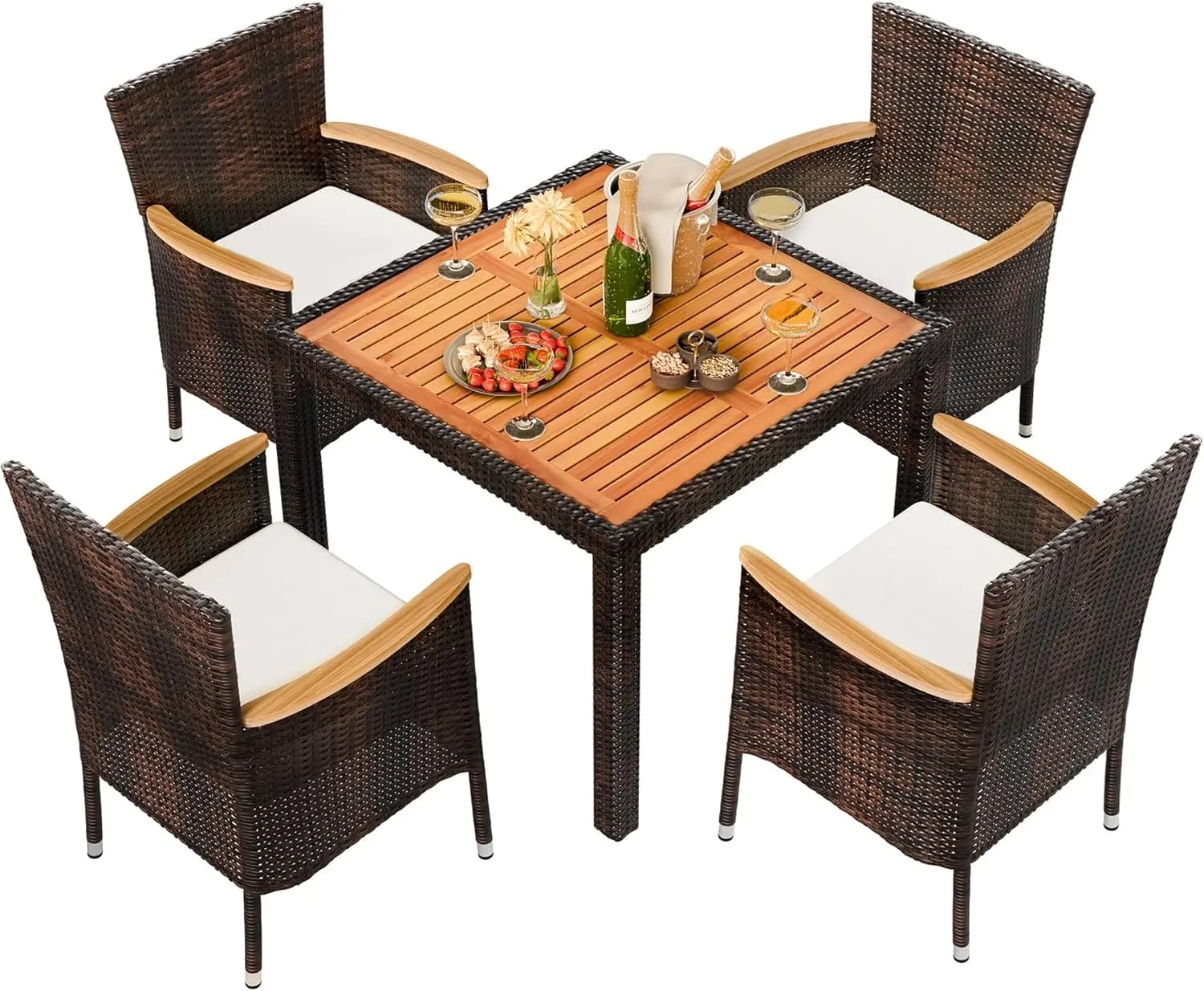 Set da pranzo da patio in 5 pezzi con sedie in vimini, morbidi cuscini e piano del tavolo in legno per cortile, terrazza, giardino in rattan marrone