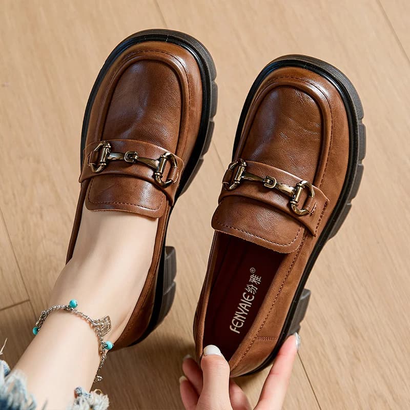 Women Metal Horsebit Platform Loafers Thick Block Heel Slip On Vintage Leather Shoes Ladies Casual Office Footwear