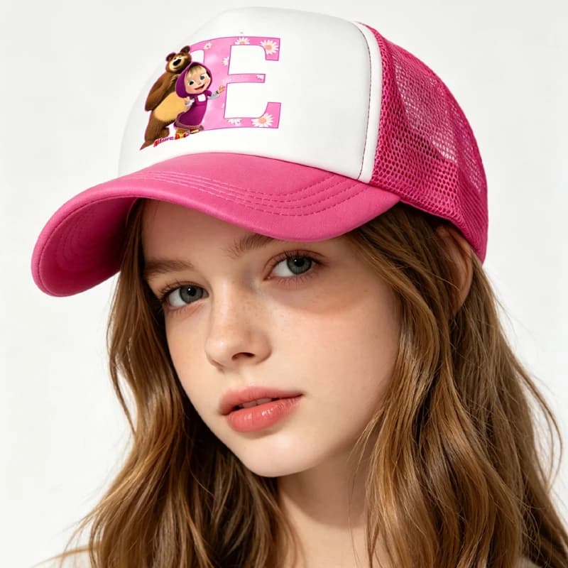 Nuovo Cappellino da Baseball Mashas and The Bears con Lettere A-Z, Rosso Rosa, Traspirante in Rete, Cappelli Genitore-Figlio, Regalo Peacoat