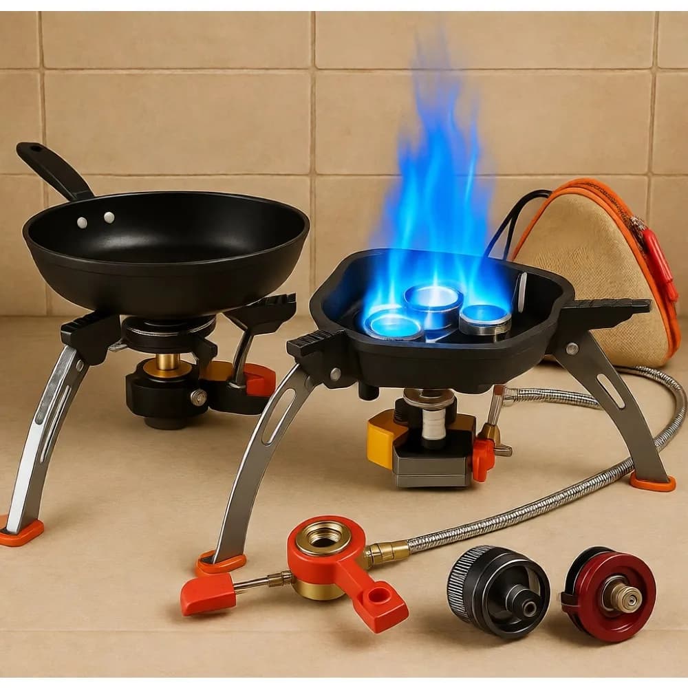 Fornello da Campeggio Antivento 7200W con Accensione Piezoelettrica, Adattatore Doppio Carburante, Custodia per il Trasporto, Portatile per Escursionismo, Trekking, Picnic