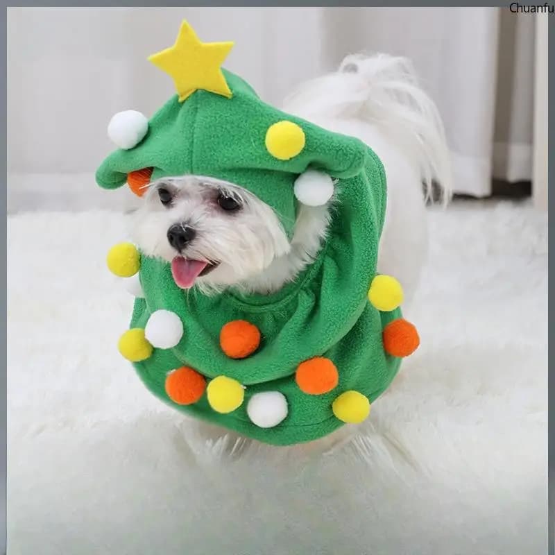 Costume natalizio per animali domestici, vestito per albero di Natale per cani e gatti, vestiti caldi e regolabili per gattini, completo per animali domestici con cappuccio, divertente vestito festivo per animali domestici