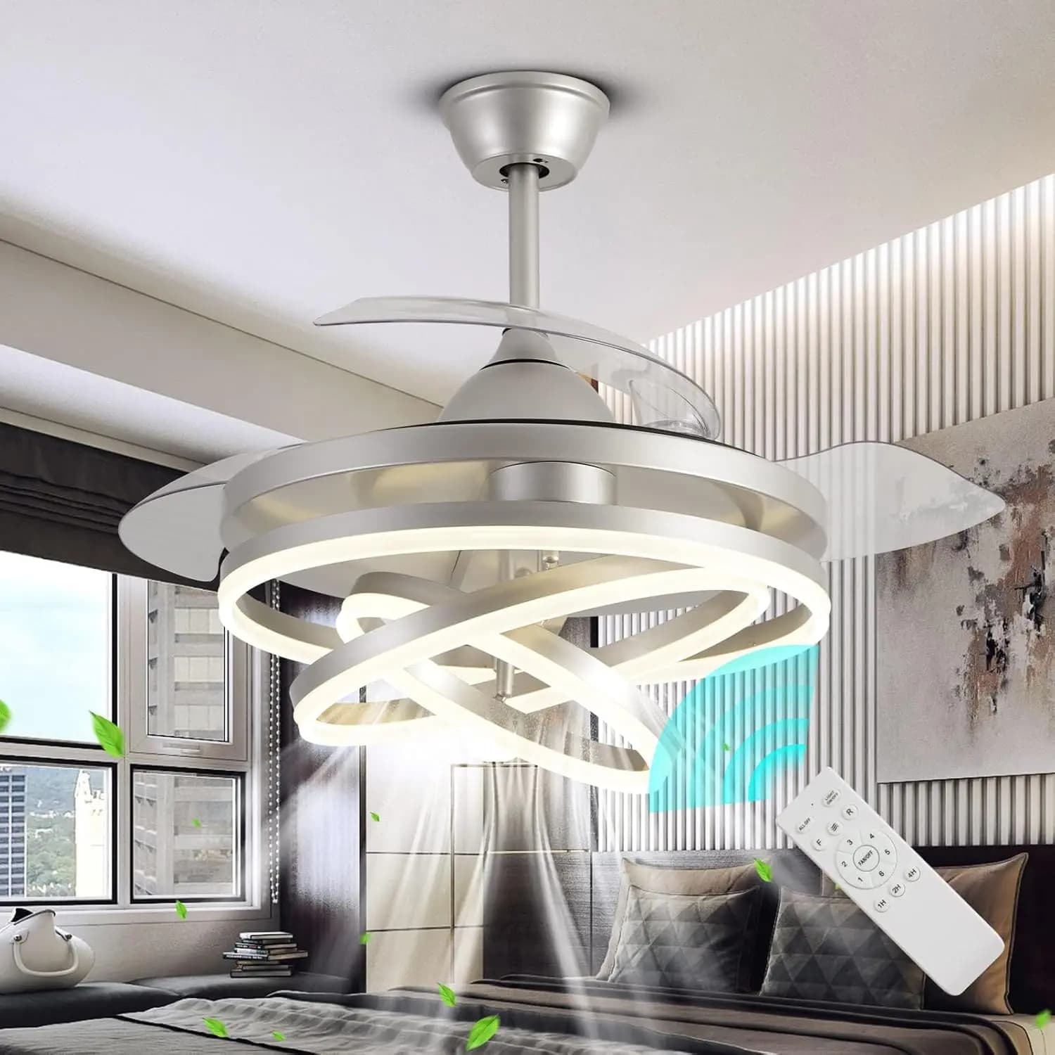 Ventilatore da soffitto retrattile da 42" con luci e telecomando, anelli LED invisibili Fandeliers Ventilatori da soffitto moderni con 3 colori 6