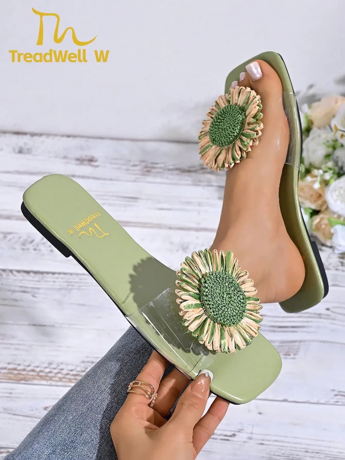 Nuovi Sandali da Donna, Sandali Piatti Bianchi/Rossi/Gialli/Blu, Eleganti Sandali con Decorazioni Floreali
