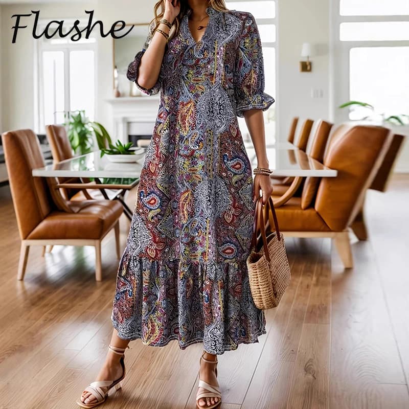 Women's Long Summer Dresses Casual V Neck Half Sleeve Long Printed Dress Boho Beach Holiday Dress Plus Size