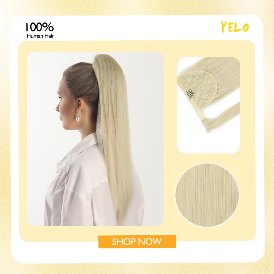 Yelo Coda di cavallo Avvolgente Estensioni dei capelli Biondo platino Marrone drak Capelli umani naturali 14-28 pollici Coda di cavallo con clip per le donne