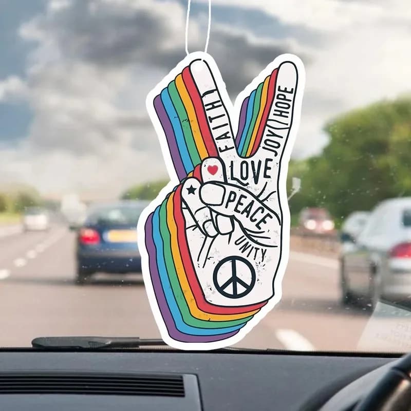 Rainbow Love & Peace Hands Car Scent Hanger - Inclusive Design, Mirror Vent Hanging, Lasting Fragrance