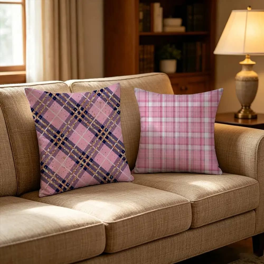 Federa per cuscino con motivo a quadri rosa, federa decorativa per auto e divano