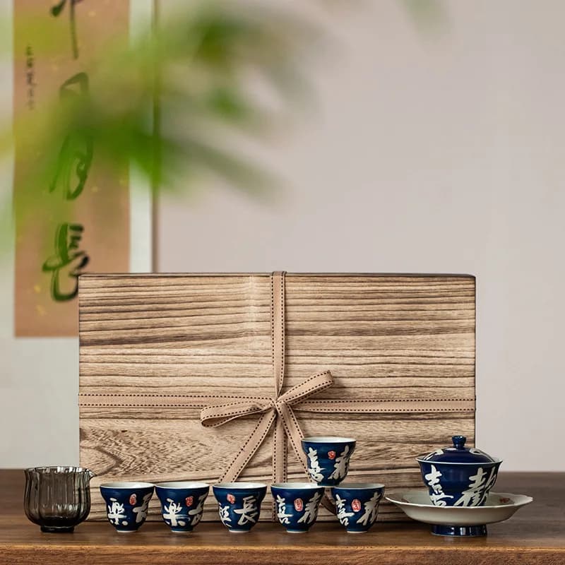 Ash Gray Joyful Three-Talent Covered Bowl Chinese Style Handwritten Calligraphy Tea Cup Retro Kung Fu Tea Set Gift Box
