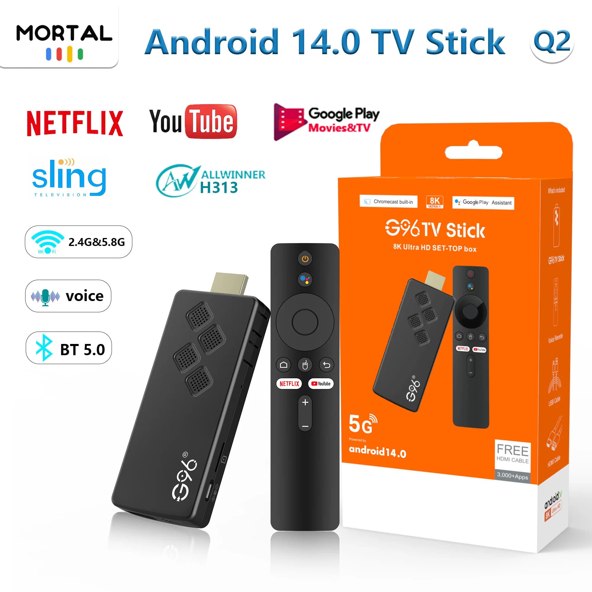 Android 14 5V/2A TV Stick Mortal Q2 Telecomando vocale Video 8K 4K BT5.0 Wi-Fi6 Netflix YouTube Streaming veloce VS Fire TV Stick