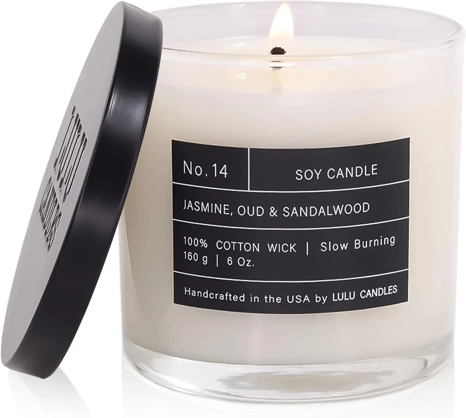 Candela di Lusso al Gelsomino, Oud e Legno di Sandalo in Cera di Soia | Prodotto a mano, lunga durata, 6 Oz