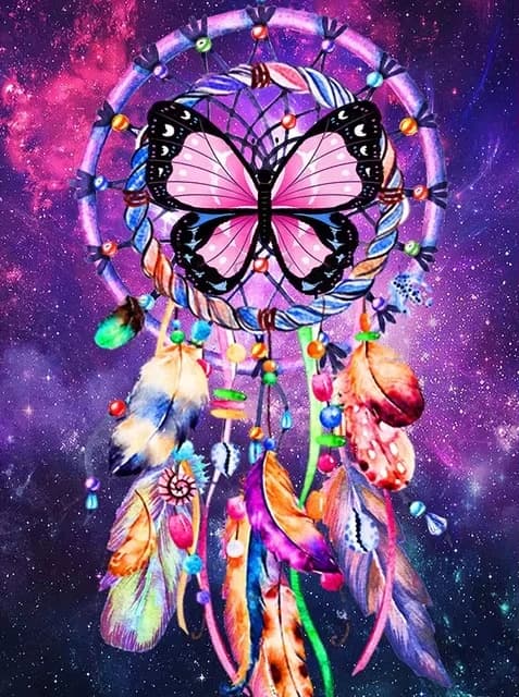 5D DIY Mosaic Diamond Painting Handmade Art Gift, Pink Butterfly Dreamcatcher Rainbow Feather Purple Star Nebula Home Decor