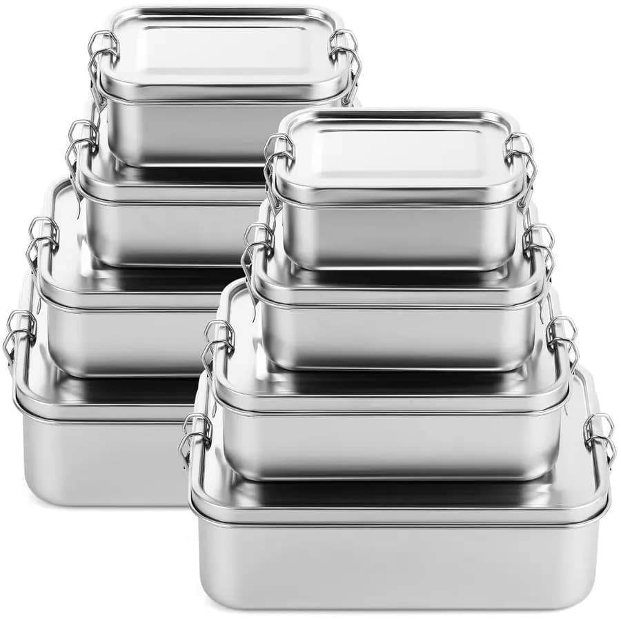 Set of 8 Stainless Steel Containers 550, 850, 1400, 2400 ml, Metal Bento Boxes, Storage Containers Airtight Closing