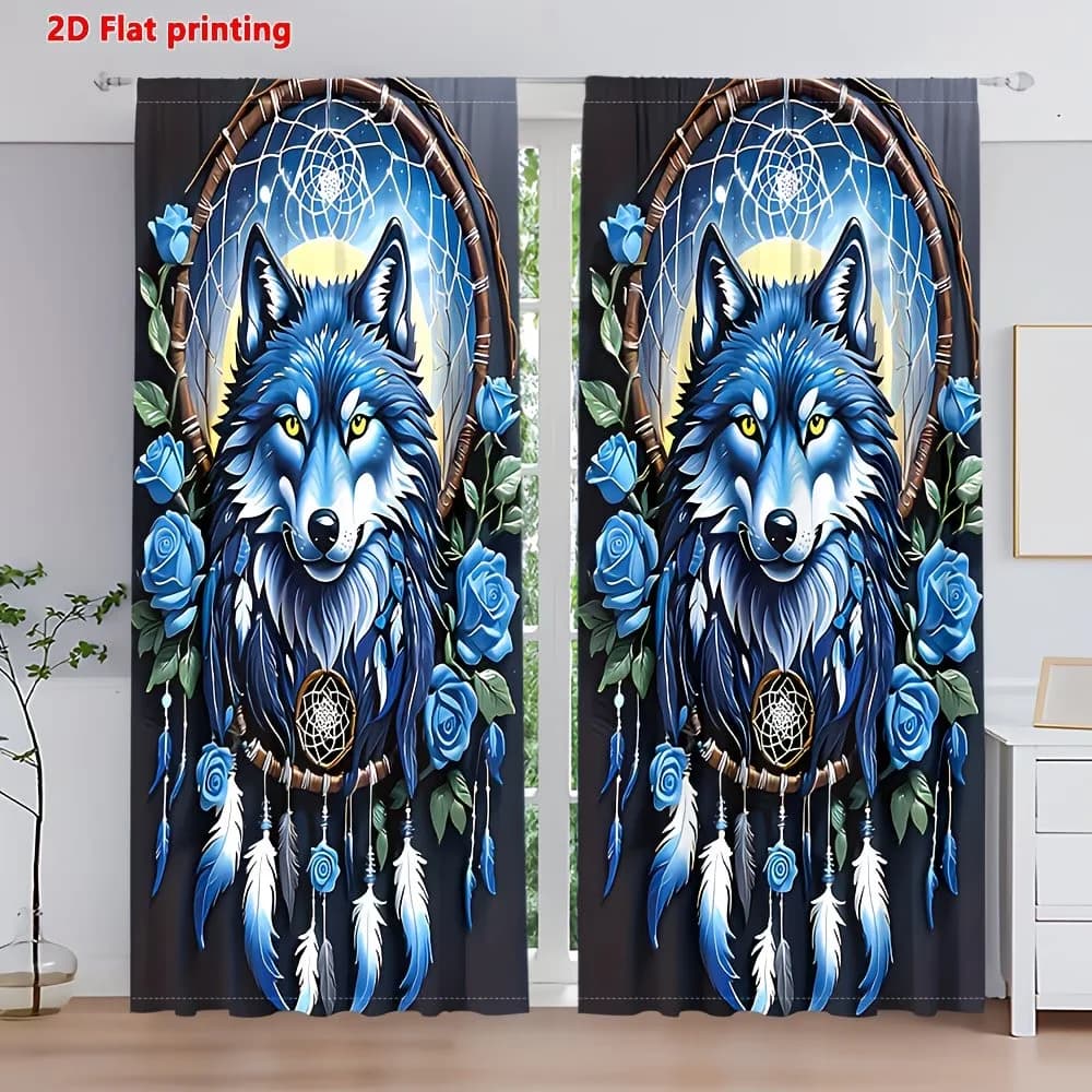 2Pcs Curtain Ethnic-Style Wolf and Blue Rose Dreamcatcher Window Drapes for Bedroom Living Room Decoration Window Treatment.