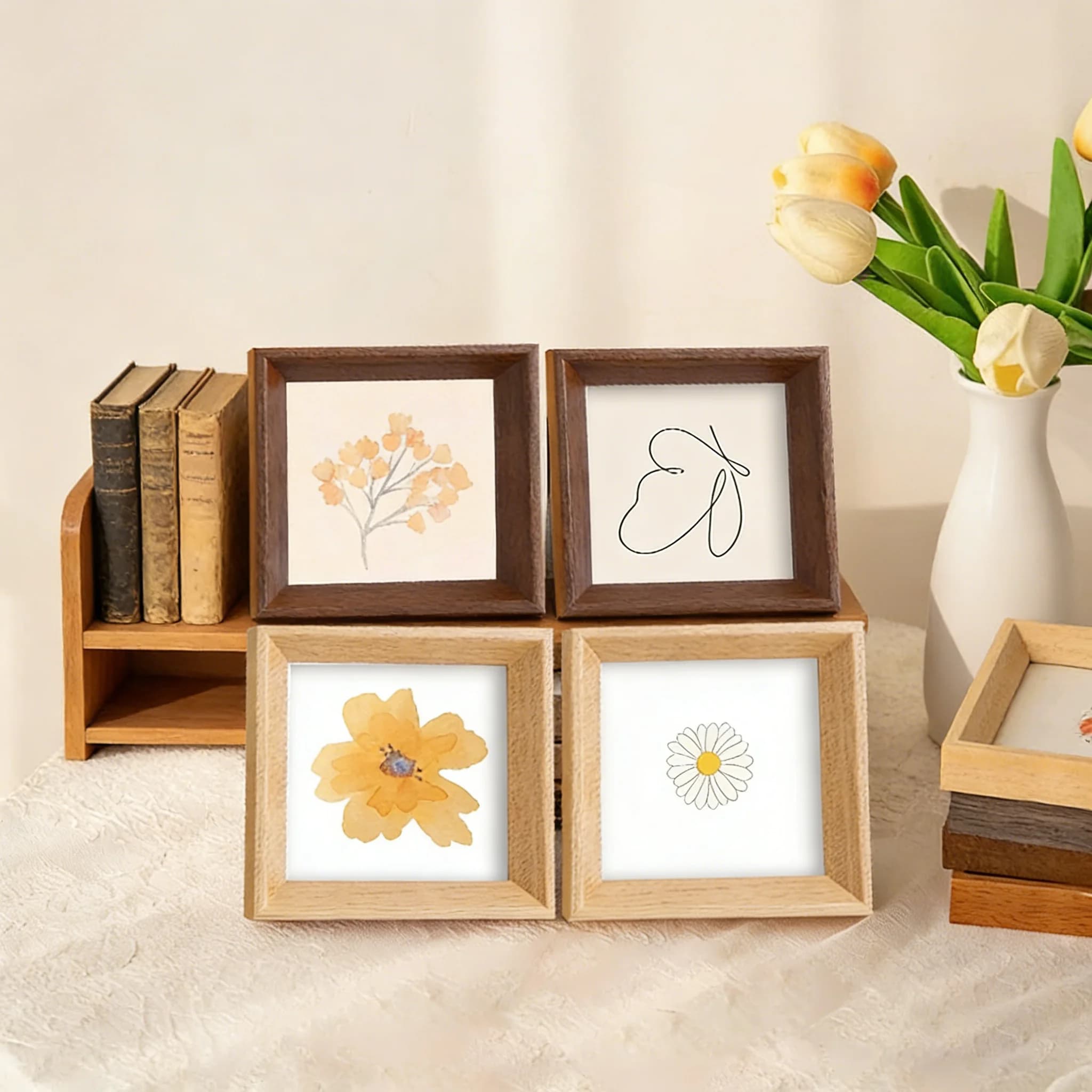 Square Wooden Picture Frame Nordic Style - Mini Frame for Oil Pastel Artwork, Mini Square Wooden Photo Frame Kids Photos Display