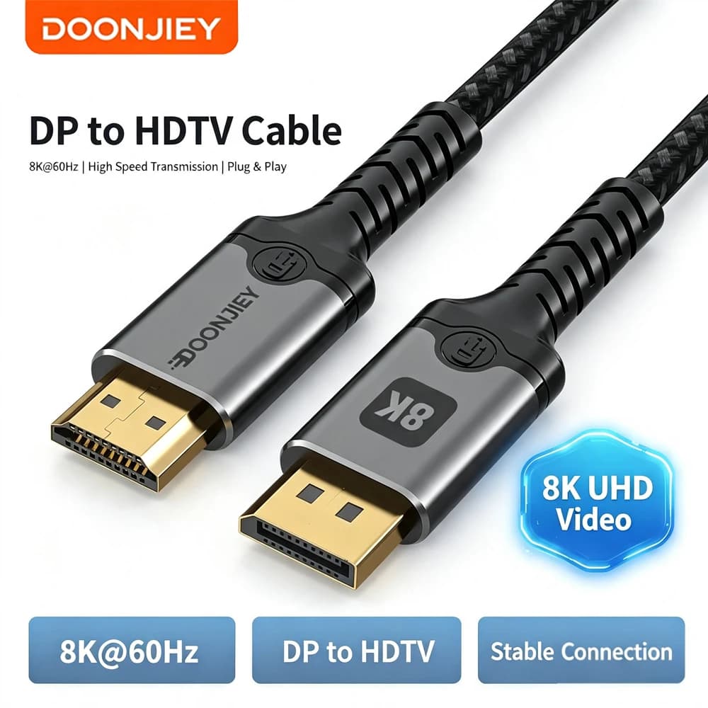 DOONJIEY 8K DisplayPort to HDMI Compatible Adapter 8K@60Hz 4k@120hz DP To HDMI Cable for Desktop Laptop PC TV Monitor Projector