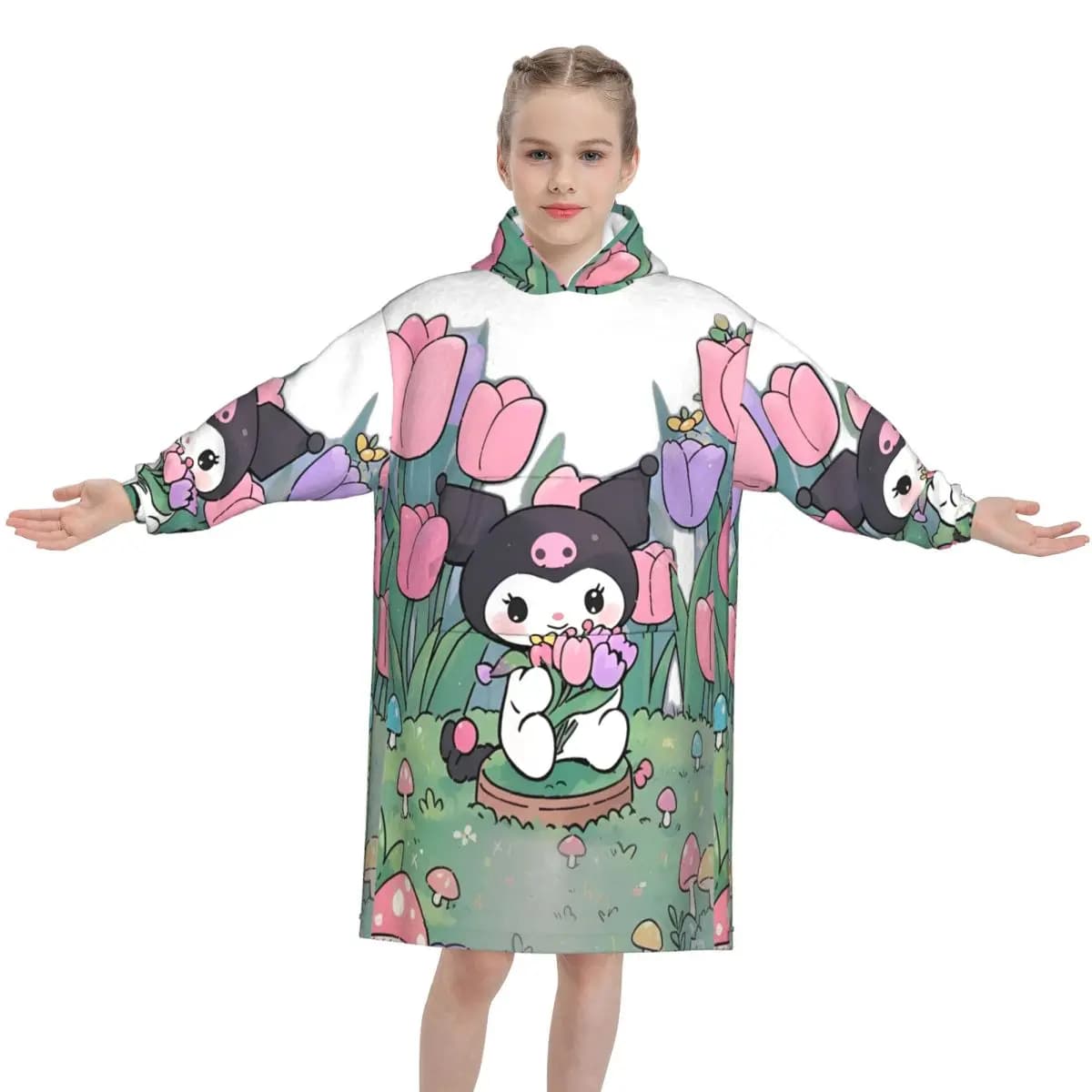 Coperta con cappuccio Kuromi per bambini Coperta in felpa con pigiama oversize indossabile