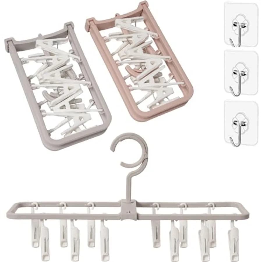 Clothes Drying Racks 2 Pack Small Folding Portable Underwear Hangers with 12 Clips 360° Rotatable Hook for Socks Drying Towels