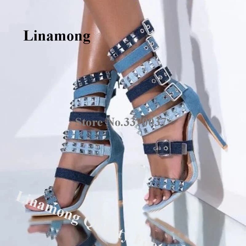 Gladiator Sandals with Metal Buckles and Buckles, Latest Linamong Models with Round Toe, Denim Patchwork, Spilled Heel, Elegant Shoes with Studs