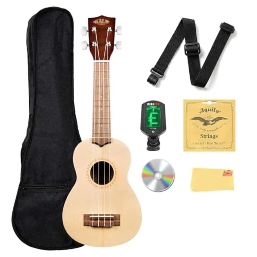 Ukulele bundle for beginners: satin finish, black, includes gig bag, tuner, strap, strings, instructional DVD, and polishing cl