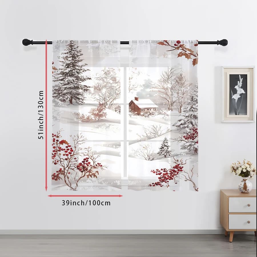 2PCS Sheer Curtains Winter Snow Village Red Berry Pine Tree Print, Window Voile Panels for Bedroom Living Room Christmas Decor
